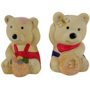 Vintage Matte Ceramic Honey Bee Hive and Flowers Bear Salt and Pepper Shaker Set
